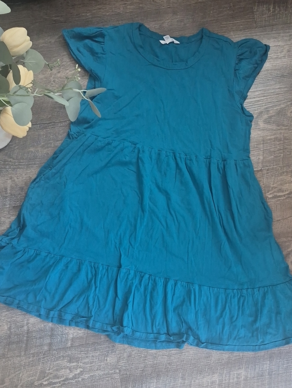 Time and Tru Teal Ruffle-Hem Flutter Sleeve Dress Small